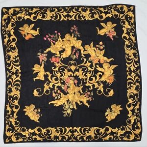 Vintage Black Gold Baroque Cherub Silk Scarf